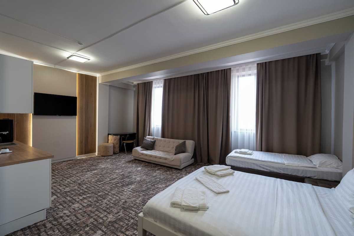 A hotel room with a bed, a sofa, a desk, and a television.