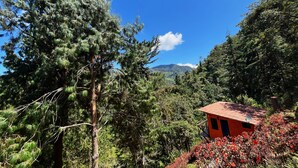 Uma cabana pequena com telhado vermelho rodeada por uma floresta densa e uma montanha ao fundo.
