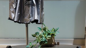 Een ronde tafel met twee zwarte stoelen, een bloempot en een zilveren paraplu.