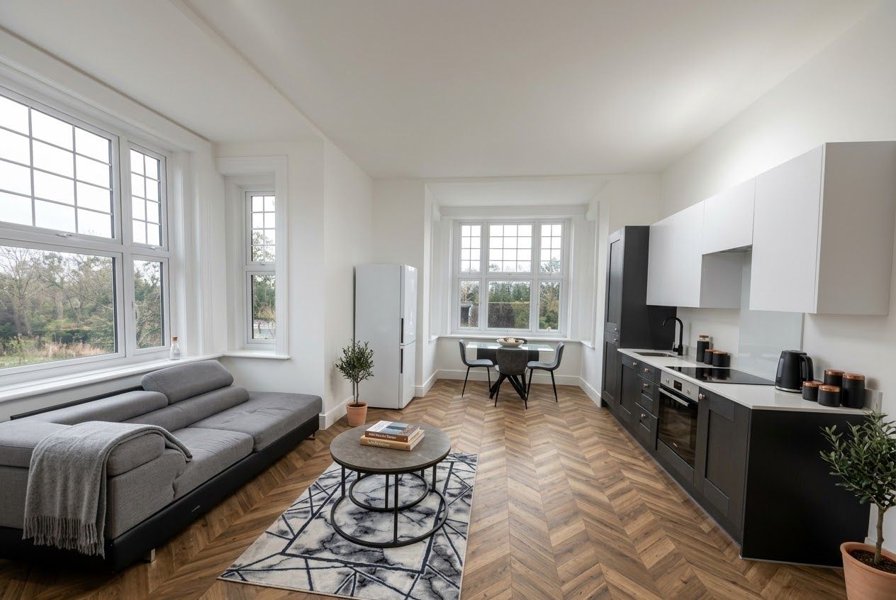 A modern living space with a sofa, dining table, and kitchen area.