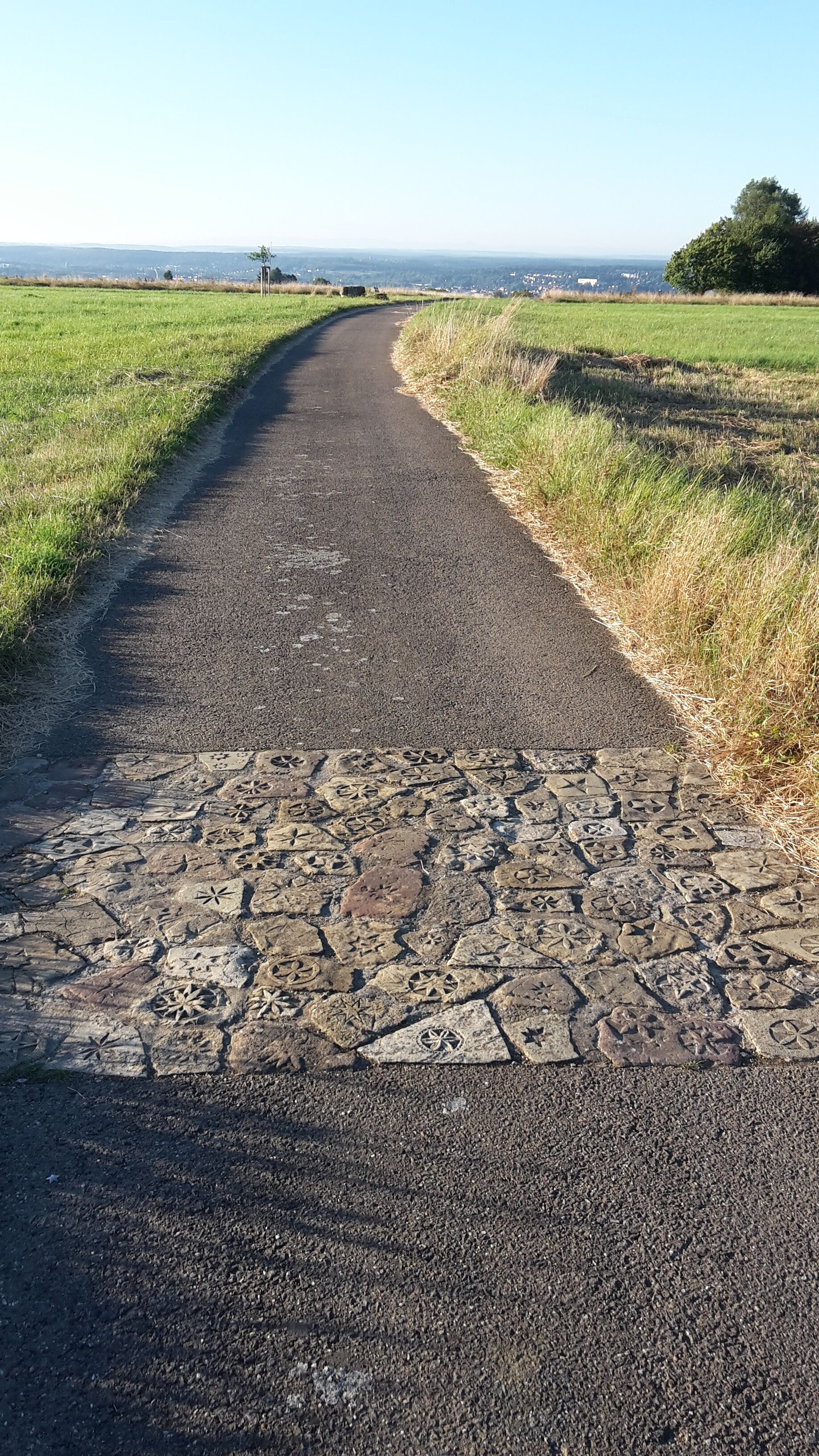 Ein ländlicher Weg mit befestigter Fahrbahn, der zu einer fernen Stadt führt.