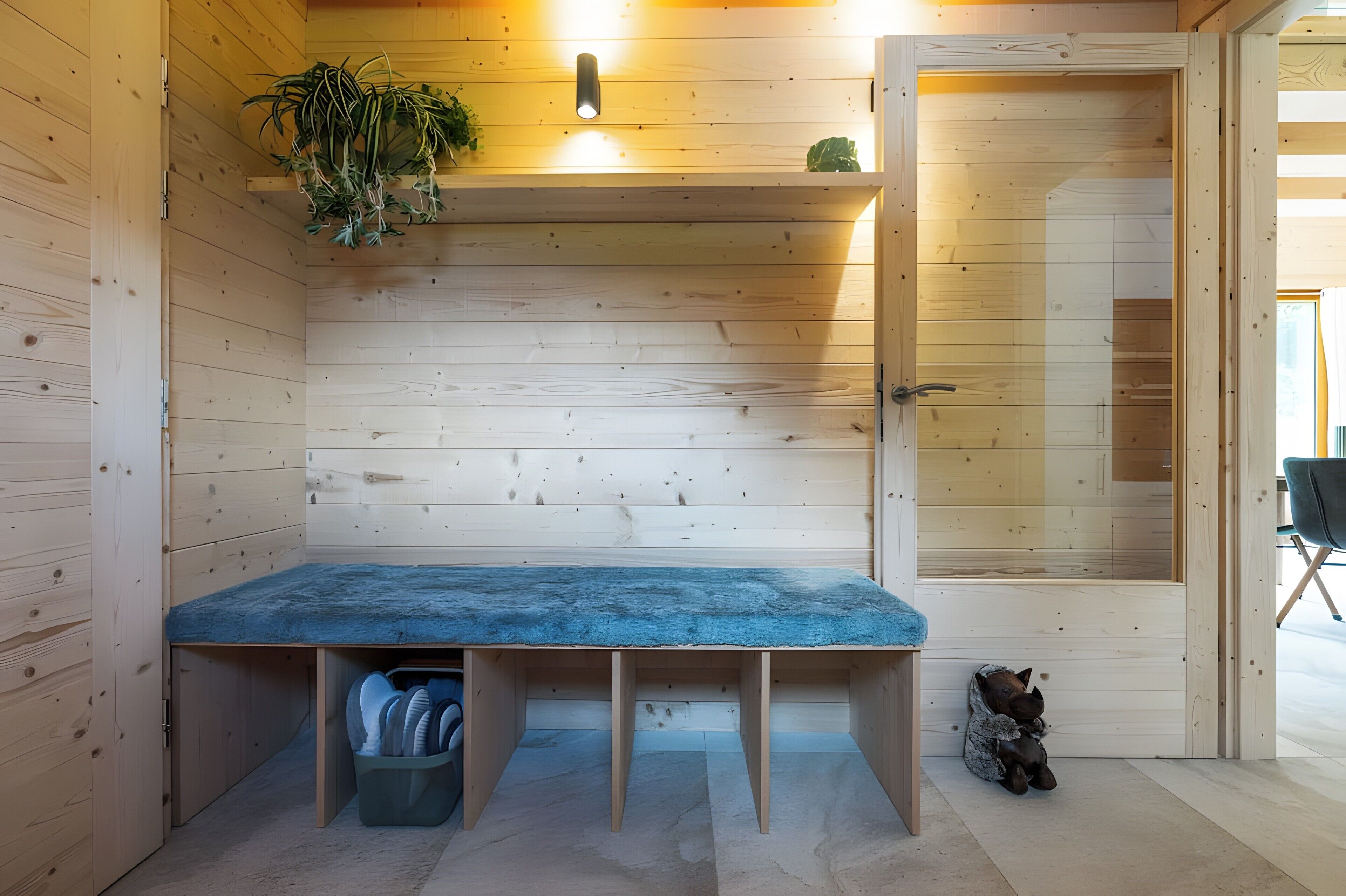 A wooden interior with a bench, a door, and a small animal.