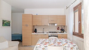 Een kleine keuken met houten kastjes, een fornuis en een spoelbak.