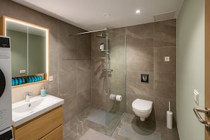 Regadera, secadora de cabello, toallas, jabón