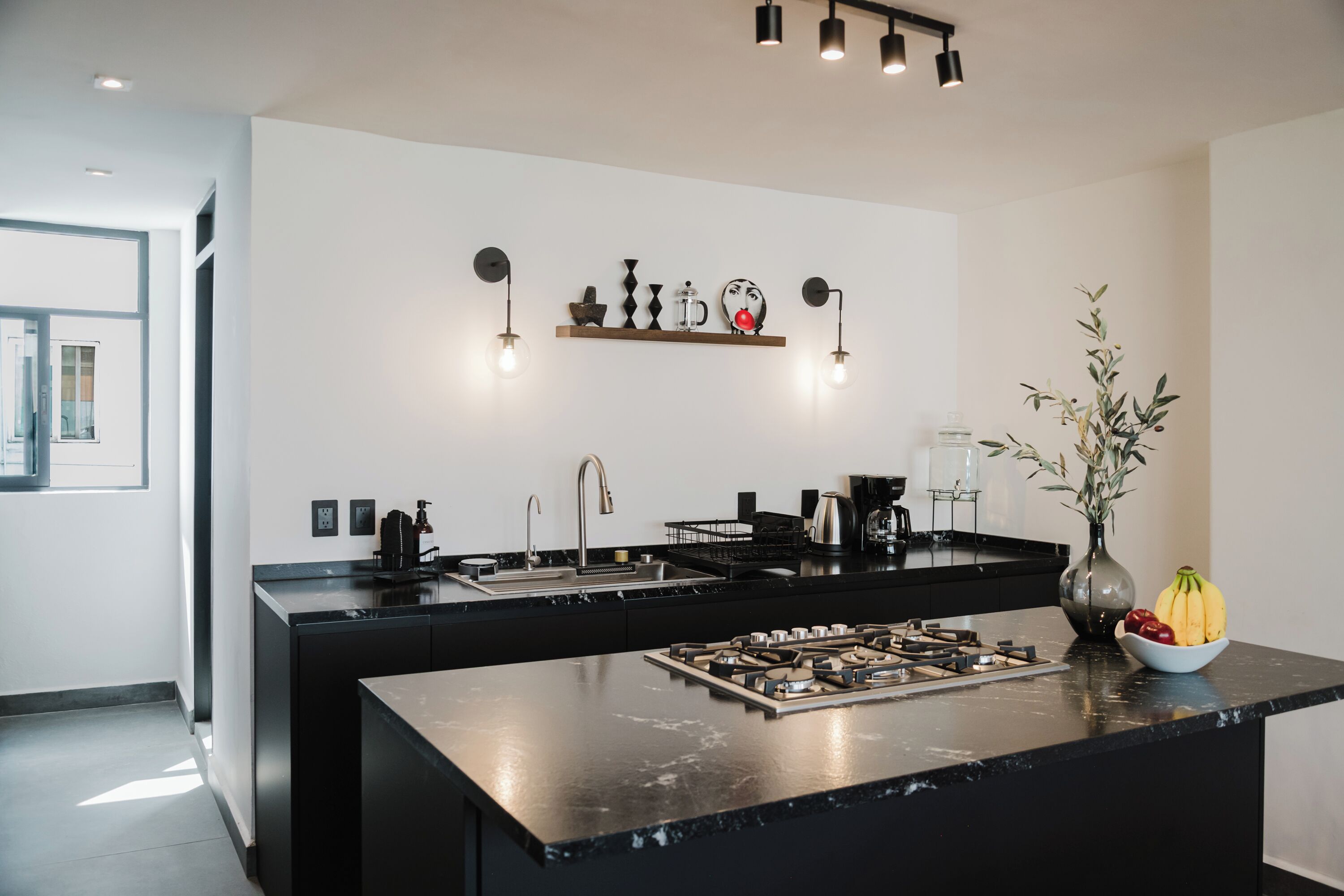 Fridge, microwave, stovetop, coffee/tea maker