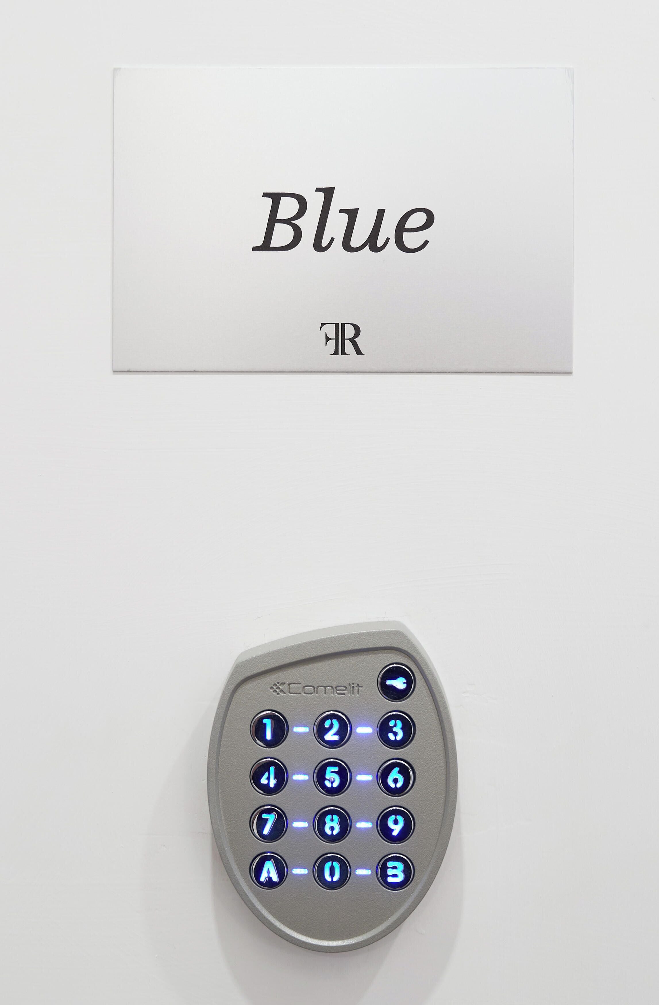 Ein an der Wand befestigtes elektronisches Tastenfeld mit beleuchteten blauen Ziffern und ein Kartenleser darüber.