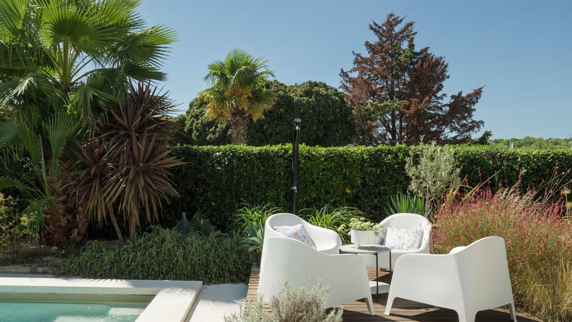 Zona d'estar a l'exterior amb piscina, envoltada d'una varietat de plantes i arbres.