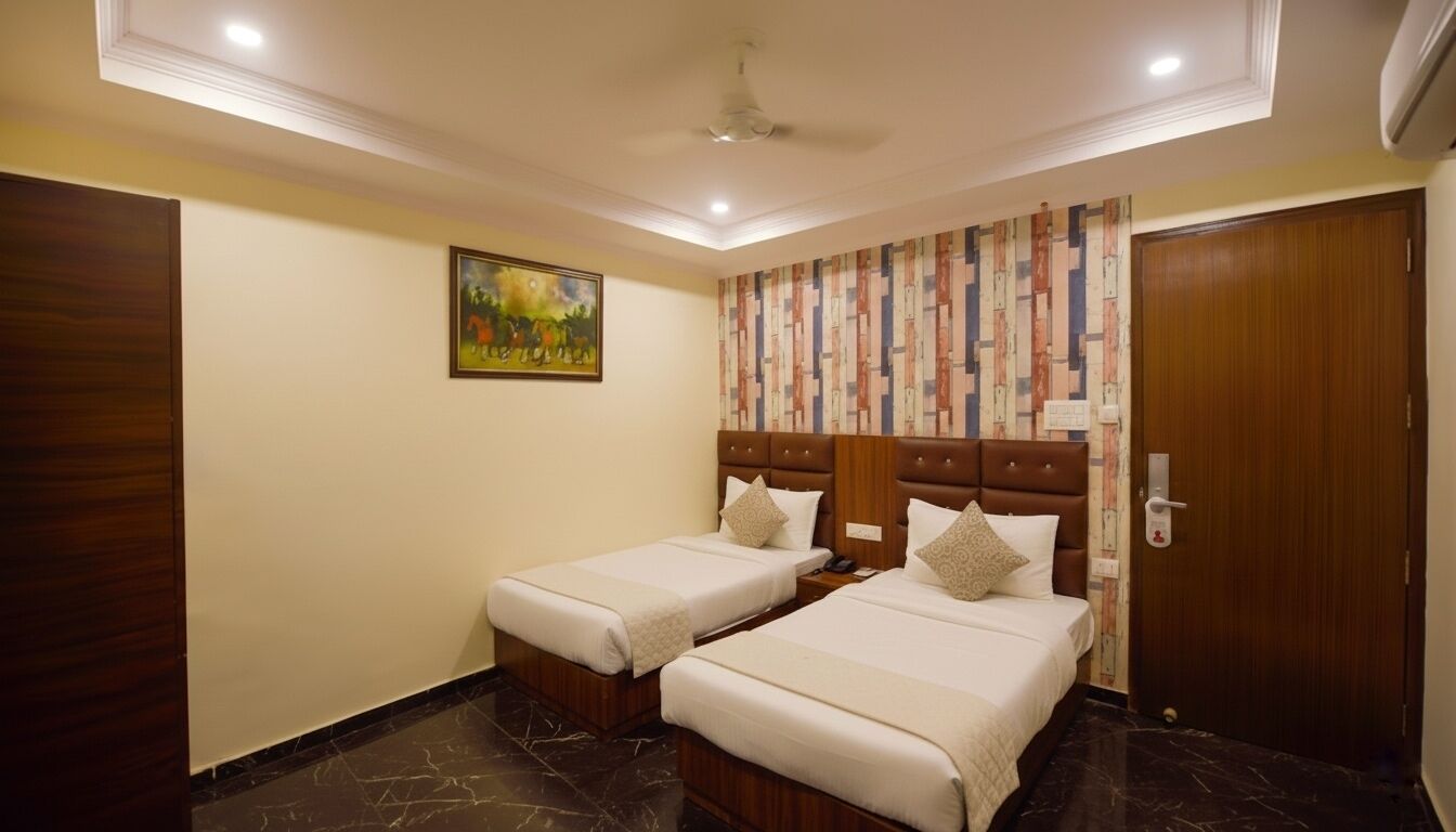 Une chambre d’hôtel avec deux lits, un ventilateur de plafond, un papier peint à motifs et une porte avec une serrure.
