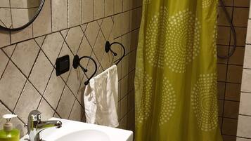 Hair dryer, bidet, towels, soap