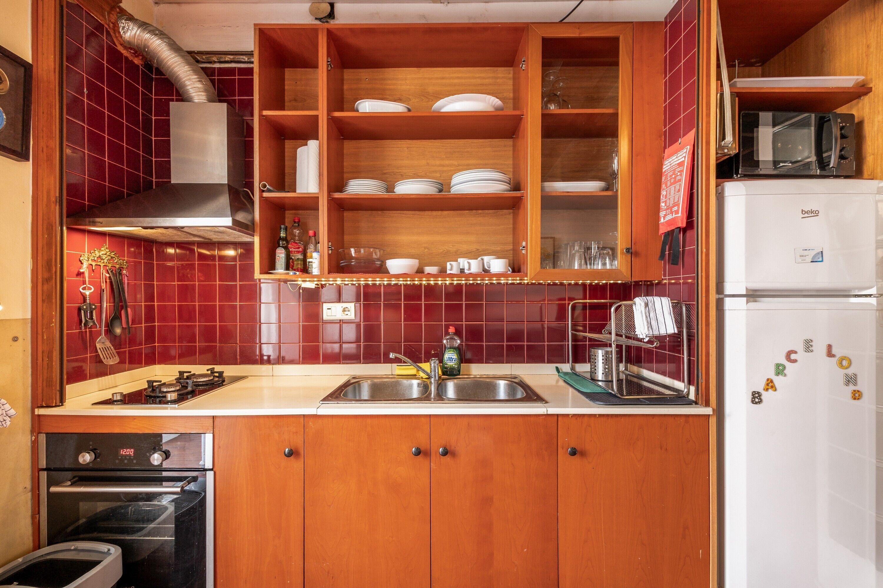 Frigorífico, microondas, horno y placa de cocina