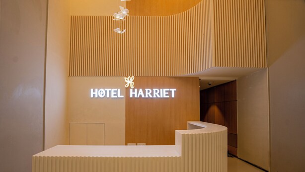 Una moderna recepción de hotel con un panel de madera de fondo y un letrero que dice "HOTEL HARRIET".