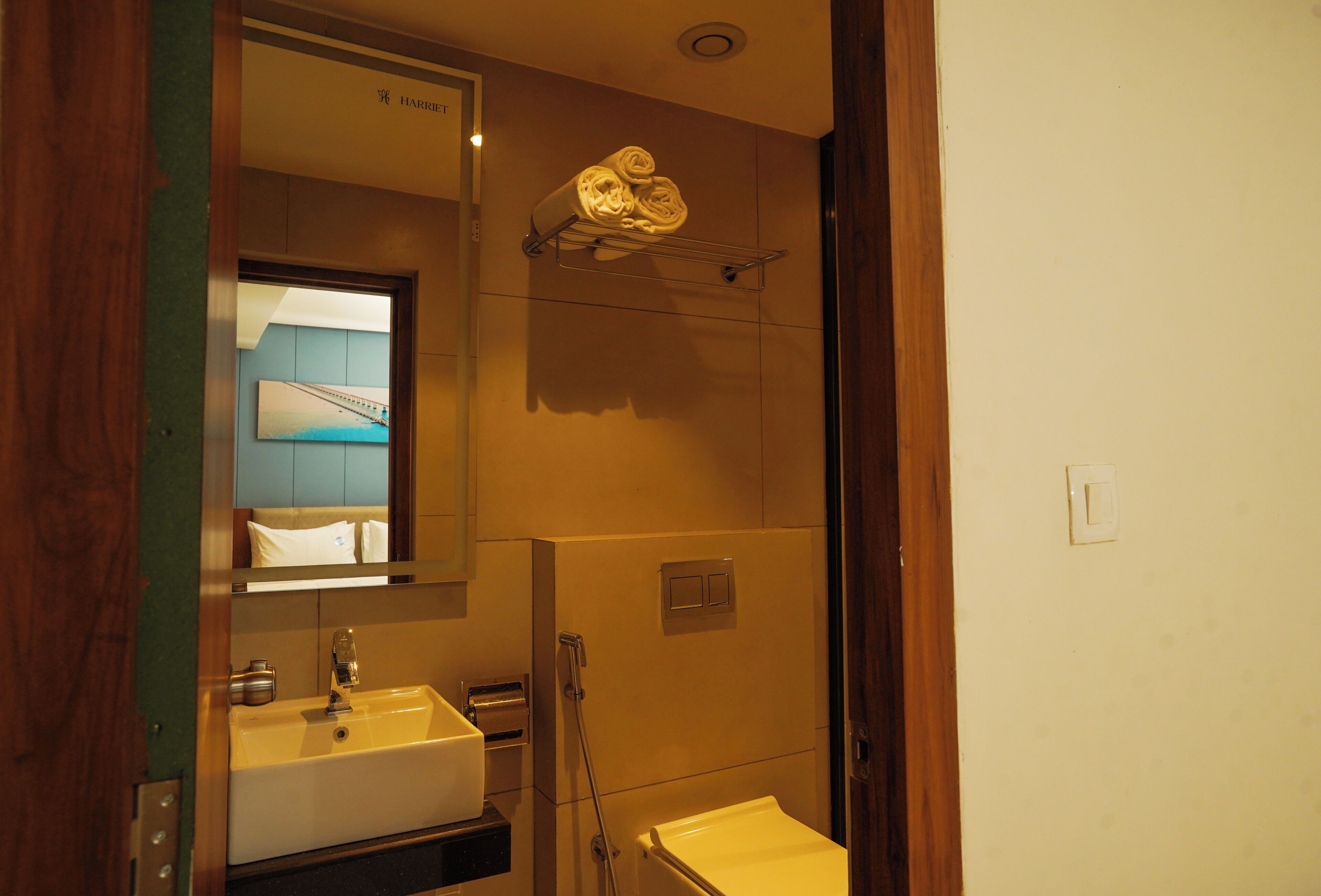 A bathroom with a sink, mirror, towel rack, and a shower.