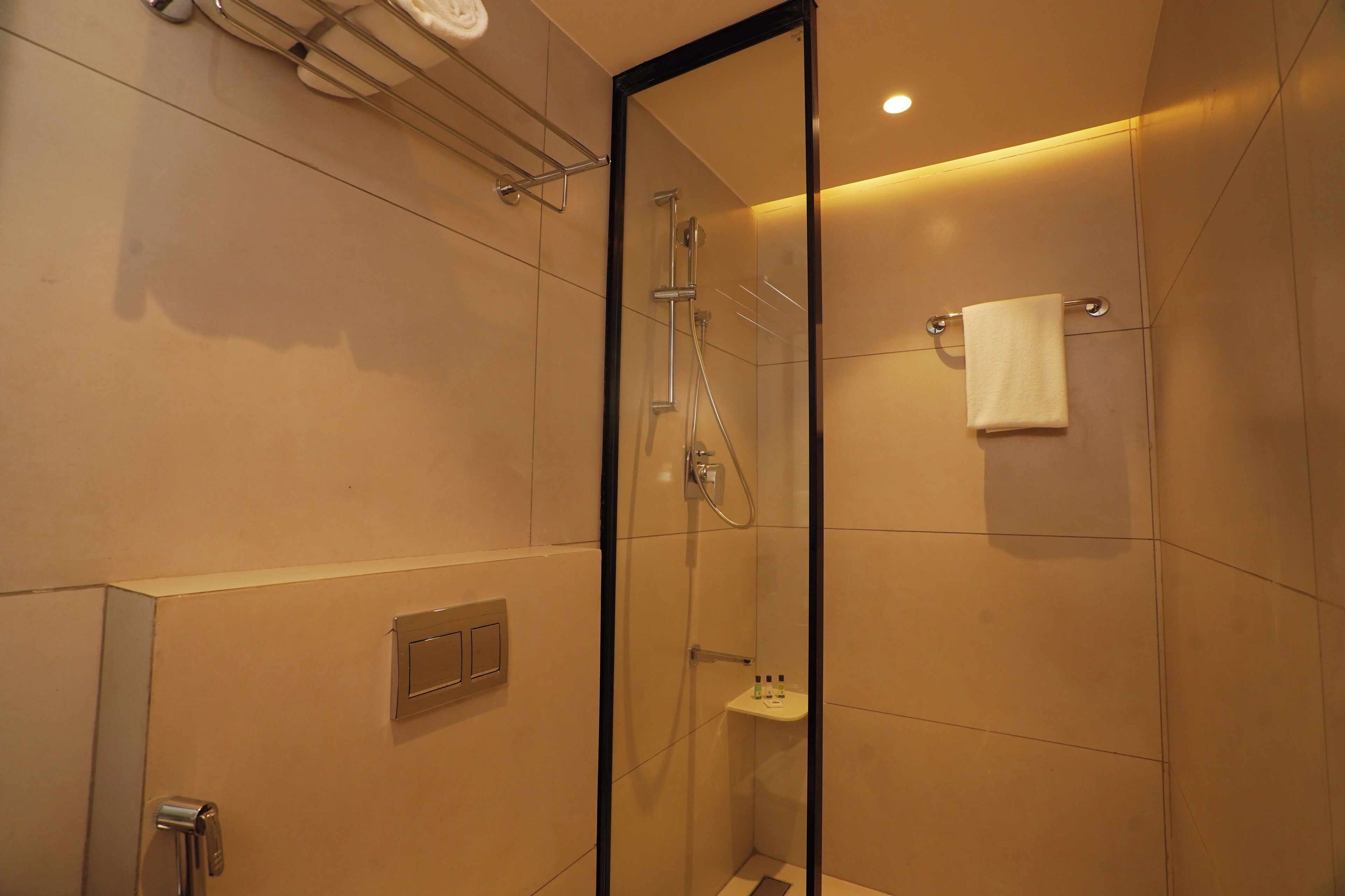 A modern bathroom with a glass door shower, a towel rack, and a small shelf with toiletries.