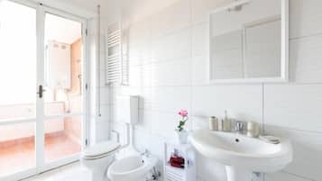 Hair dryer, bathrobes, bidet, towels