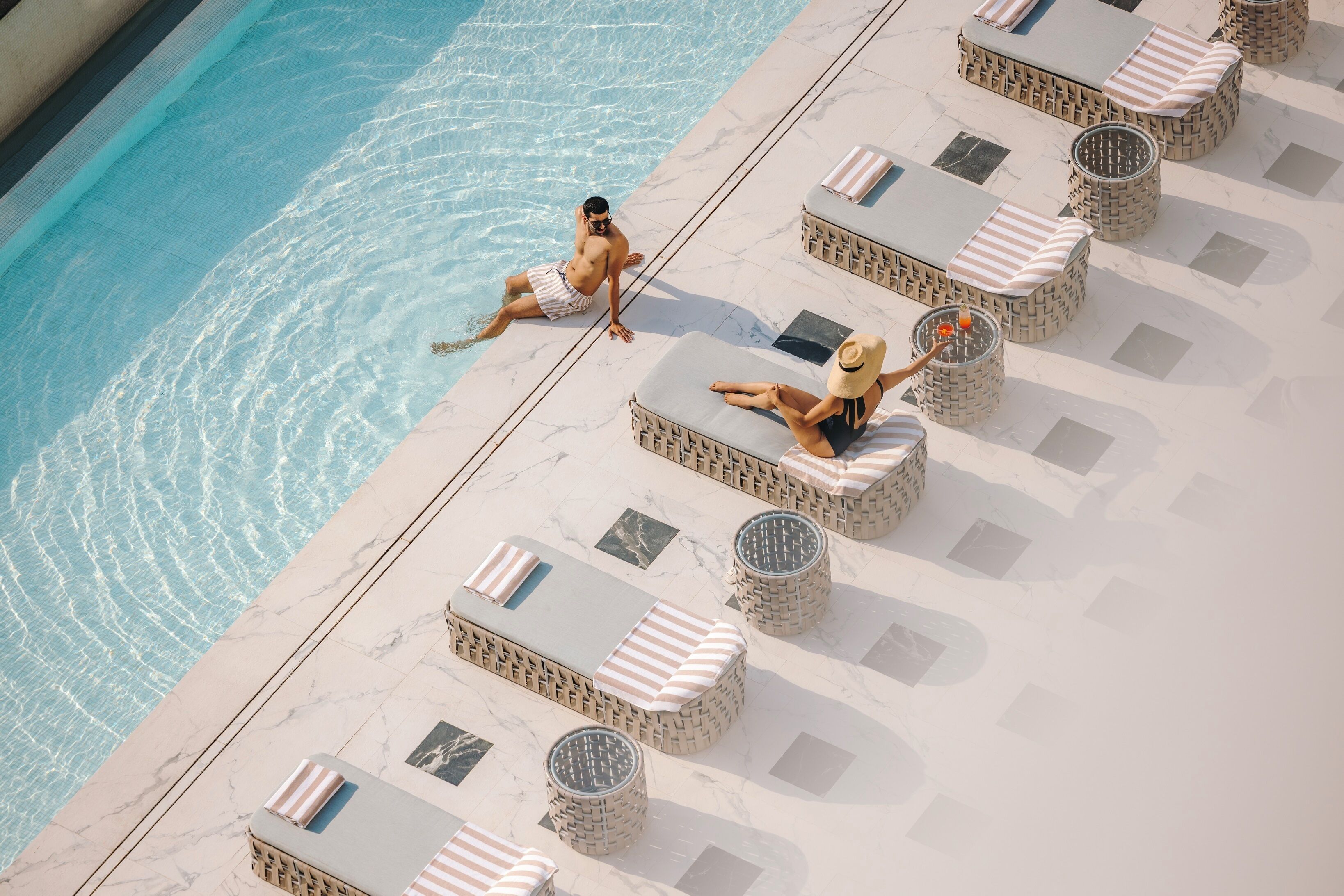 Outdoor pool, pool umbrellas, pool loungers