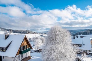 Un pueblo cubierto de nieve con casas tradicionales, un árbol destacado y un cielo azul despejado.