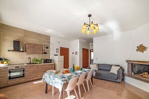 Eine moderne Küche mit Essbereich, einer Sitzecke und einem Kamin.