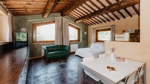 Una stanza con soffitto in legno, un divano verde, un letto, un tavolo con sedie e una TV.