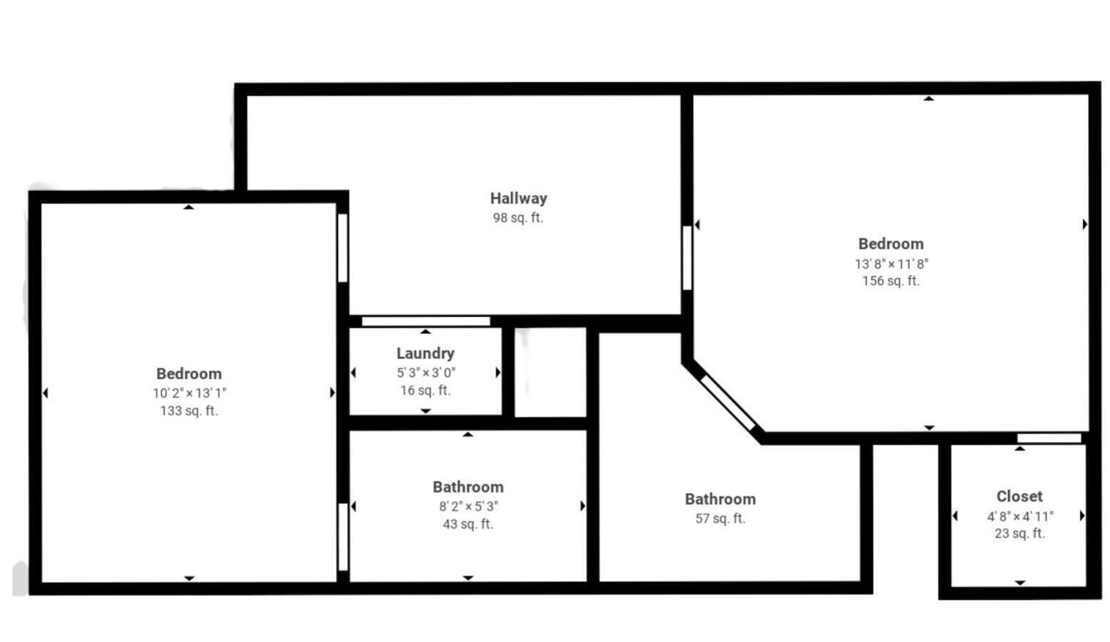 A floor plan with two bedrooms, two bathrooms, a laundry area, a hallway, and a closet.