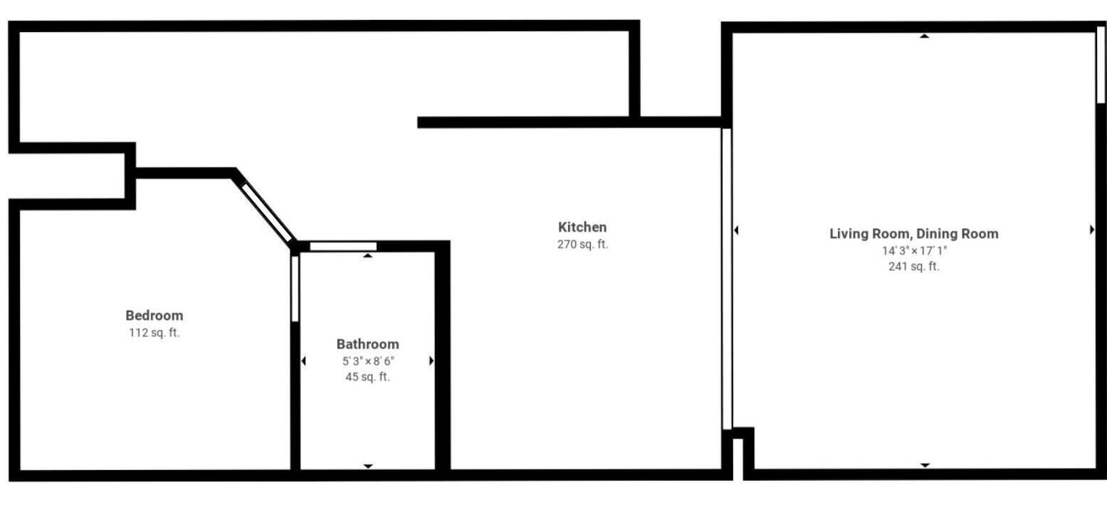 Un plan d’étage comprenant une chambre (10,4 m²), une salle de bain (4,2 m²), une cuisine (25,1 m²) et un salon/salle à manger à usage polyvalent (22,4 m²).