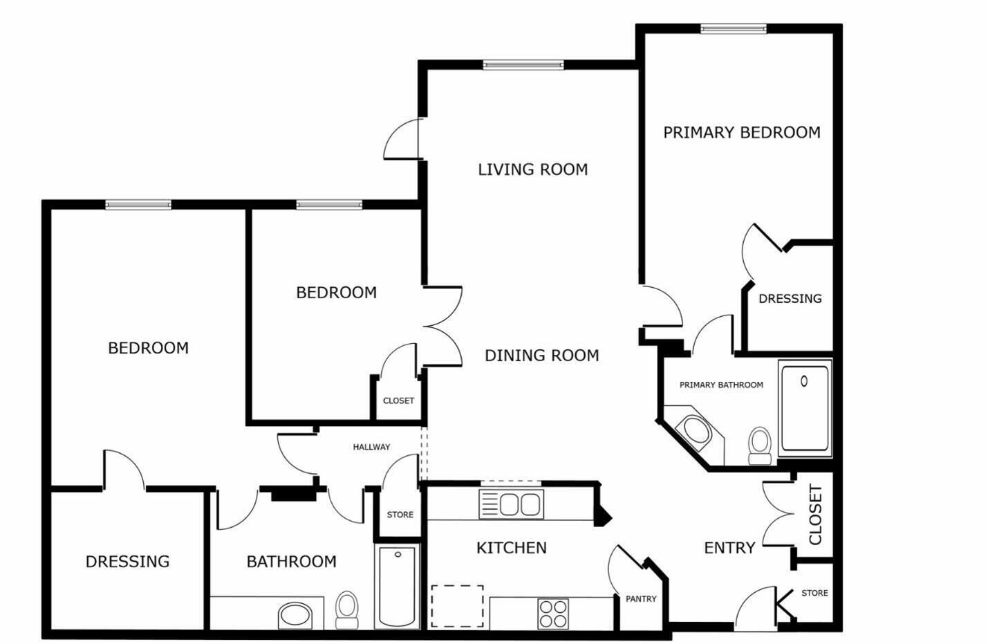 Plànol que mostra un saló, un menjador, una cuina, dues habitacions, un bany i un vestidor.