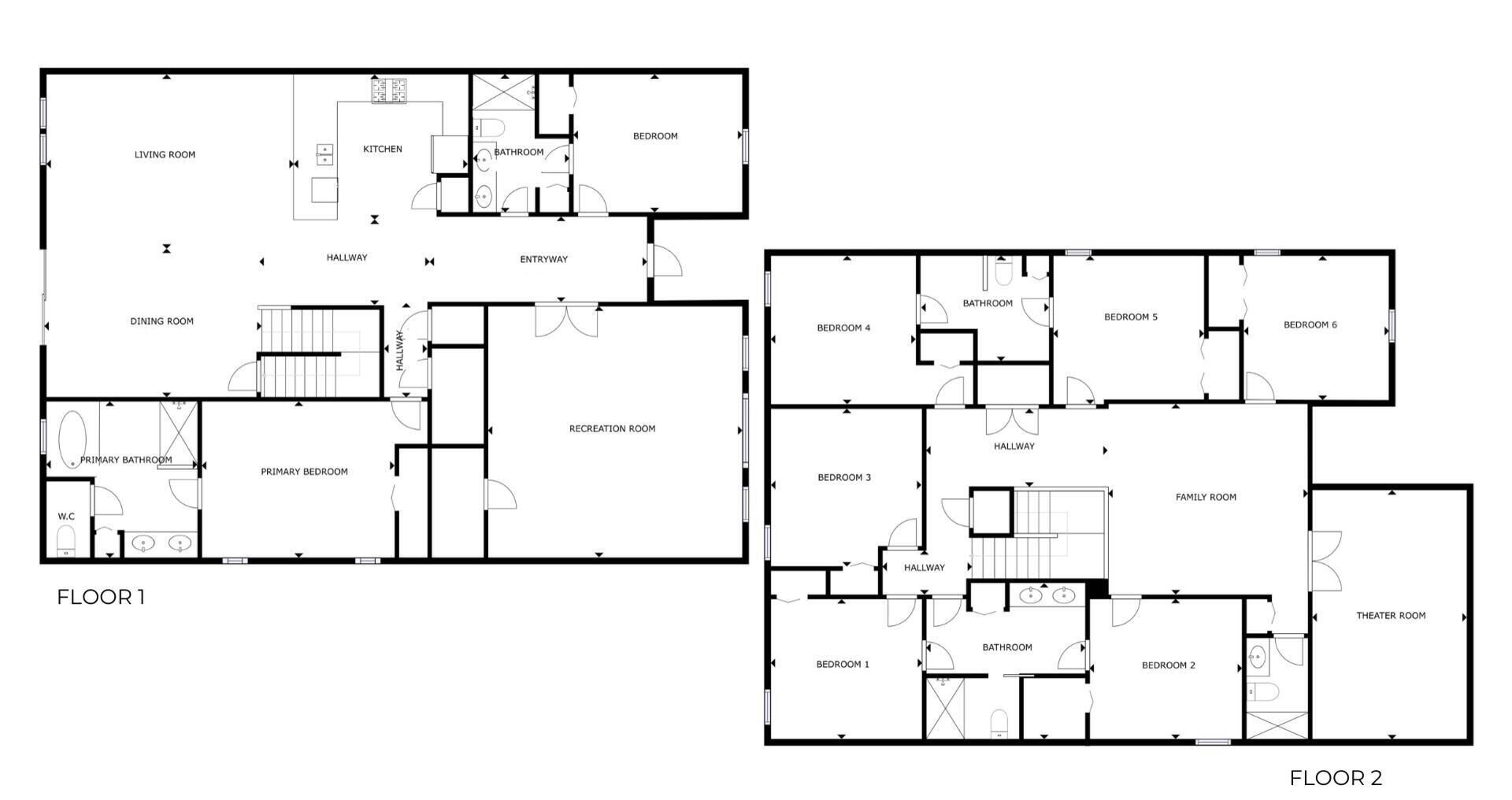 Voici le plan d’un hôtel à deux étages. Chaque étage comprend un salon, une cuisine, une salle à manger, une salle de bain principale, une chambre principale et une salle de loisirs. Le deuxième étage comprend également une salle familiale, une salle de cinéma et des chambres supplémentaires.