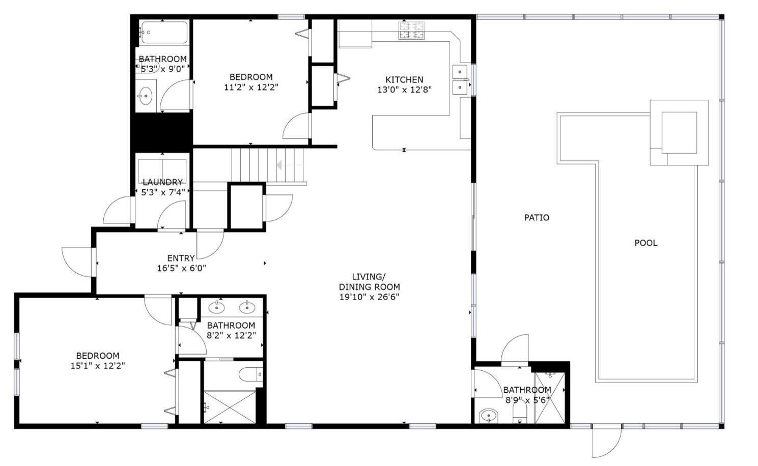A floor plan with a bedroom, bathroom, kitchen, living/dining room, laundry, entry, patio, and pool.