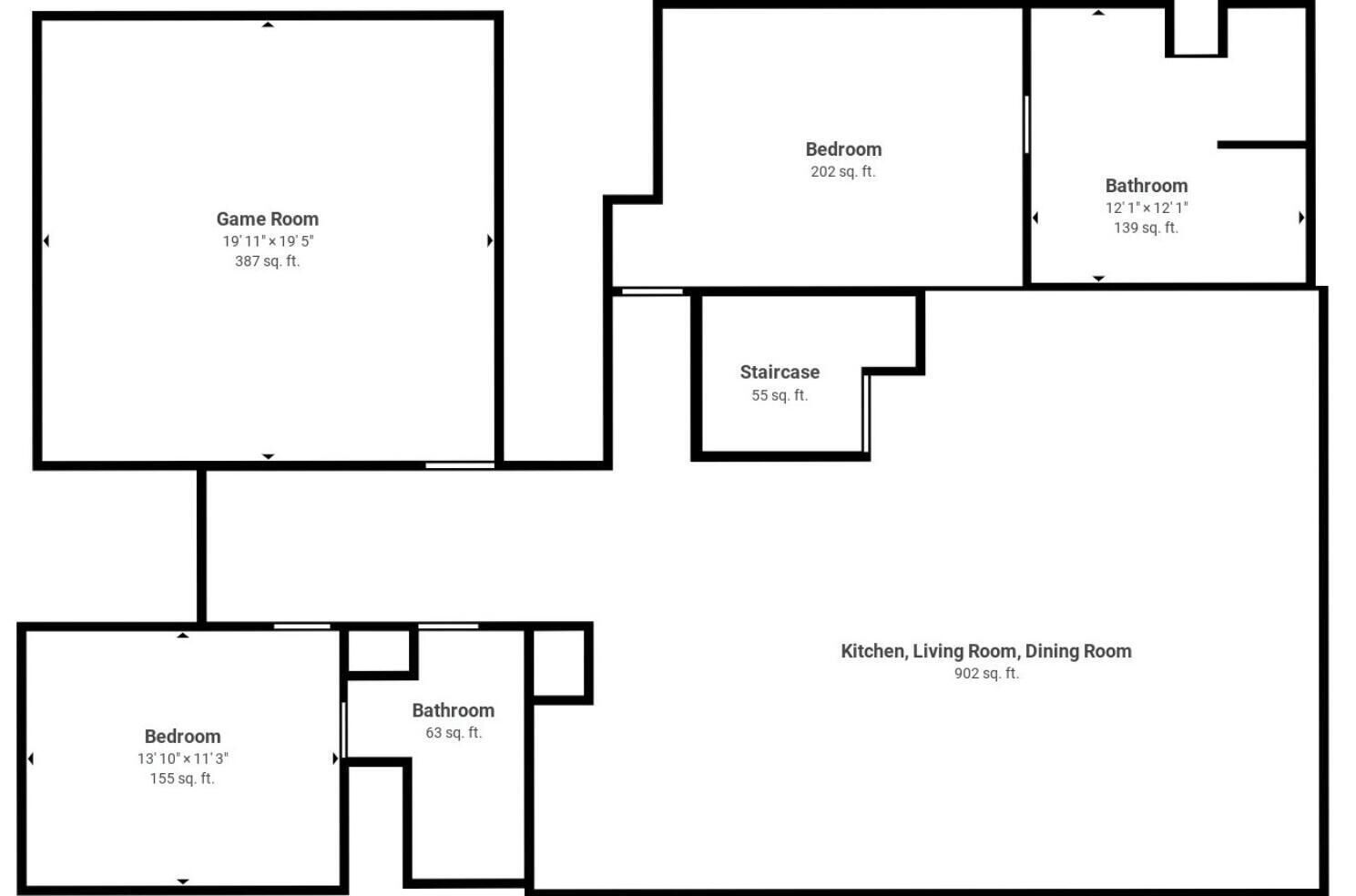 Un plan d’étage comprenant une salle de jeux (36 m²), deux chambres (19 m² et 14,4 m²), un escalier (5,1 m²), une salle de bain (13 m²) et un espace comprenant une cuisine, un salon et une salle à manger (83,8 m²).