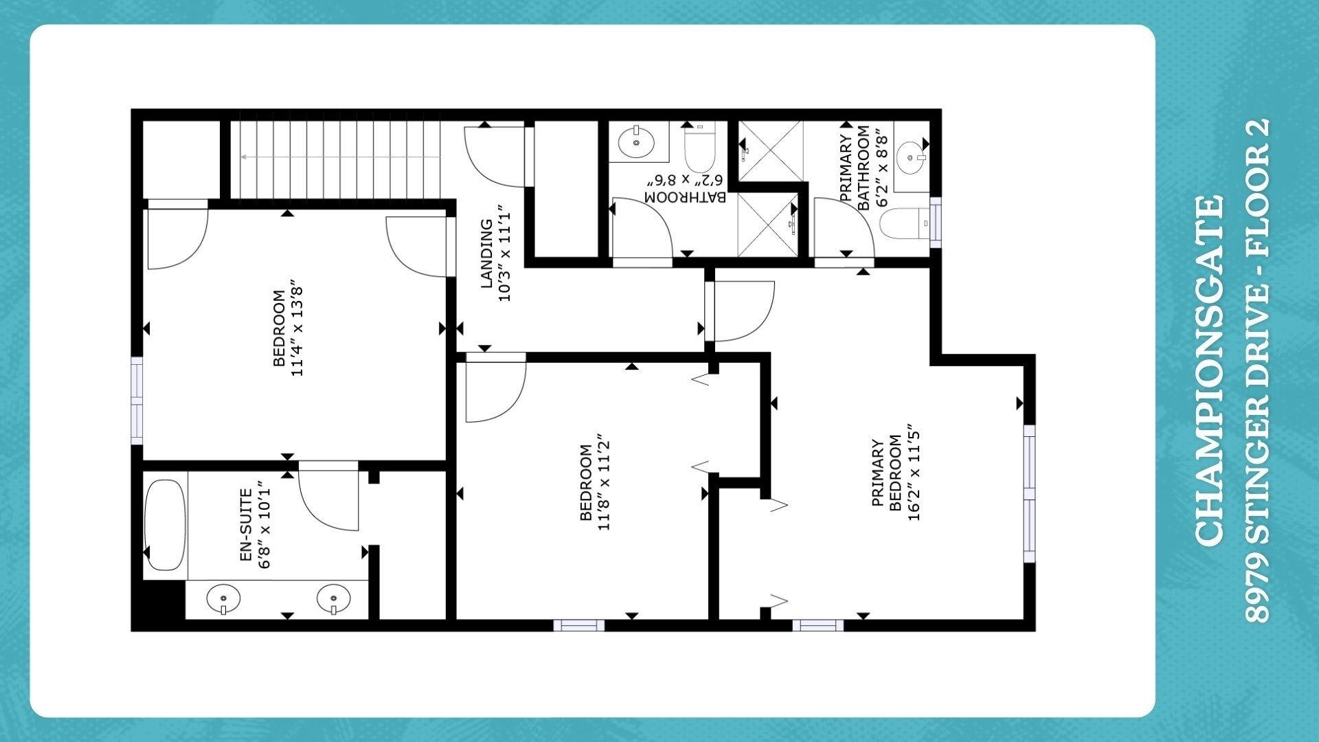 Pianta degli appartamenti a Championsgate, in Stinger Drive 879, al secondo piano, con due camere da letto, un bagno, un soggiorno e una cucina.