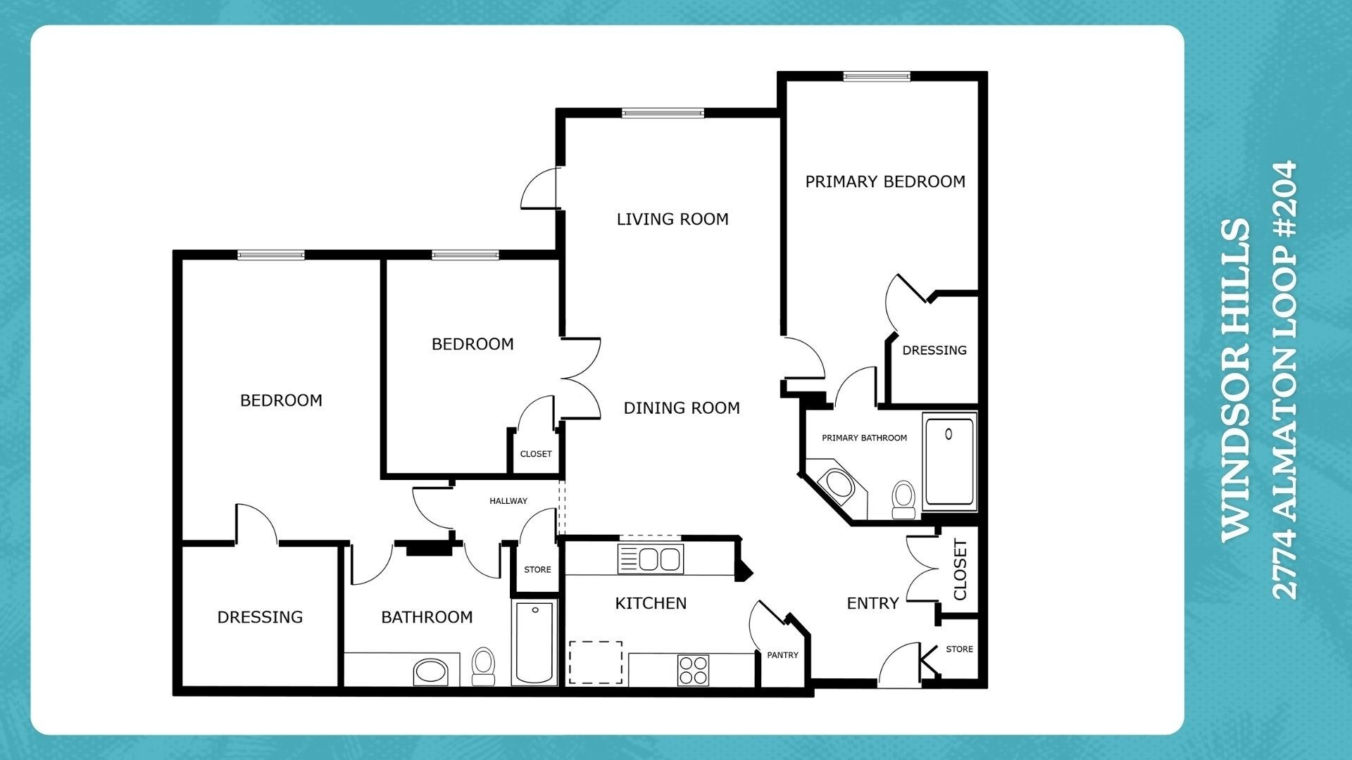 A floor plan of a 2-bedroom, 2-bathroom apartment with a dining room, kitchen, and a closet.