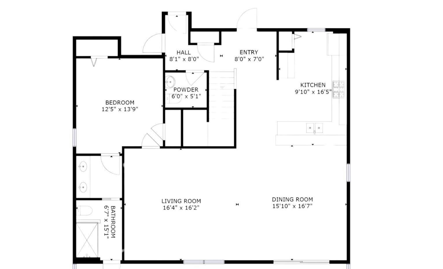 A floor plan with a bedroom, living room, dining room, kitchen, bathroom, powder room, entry, and hall.