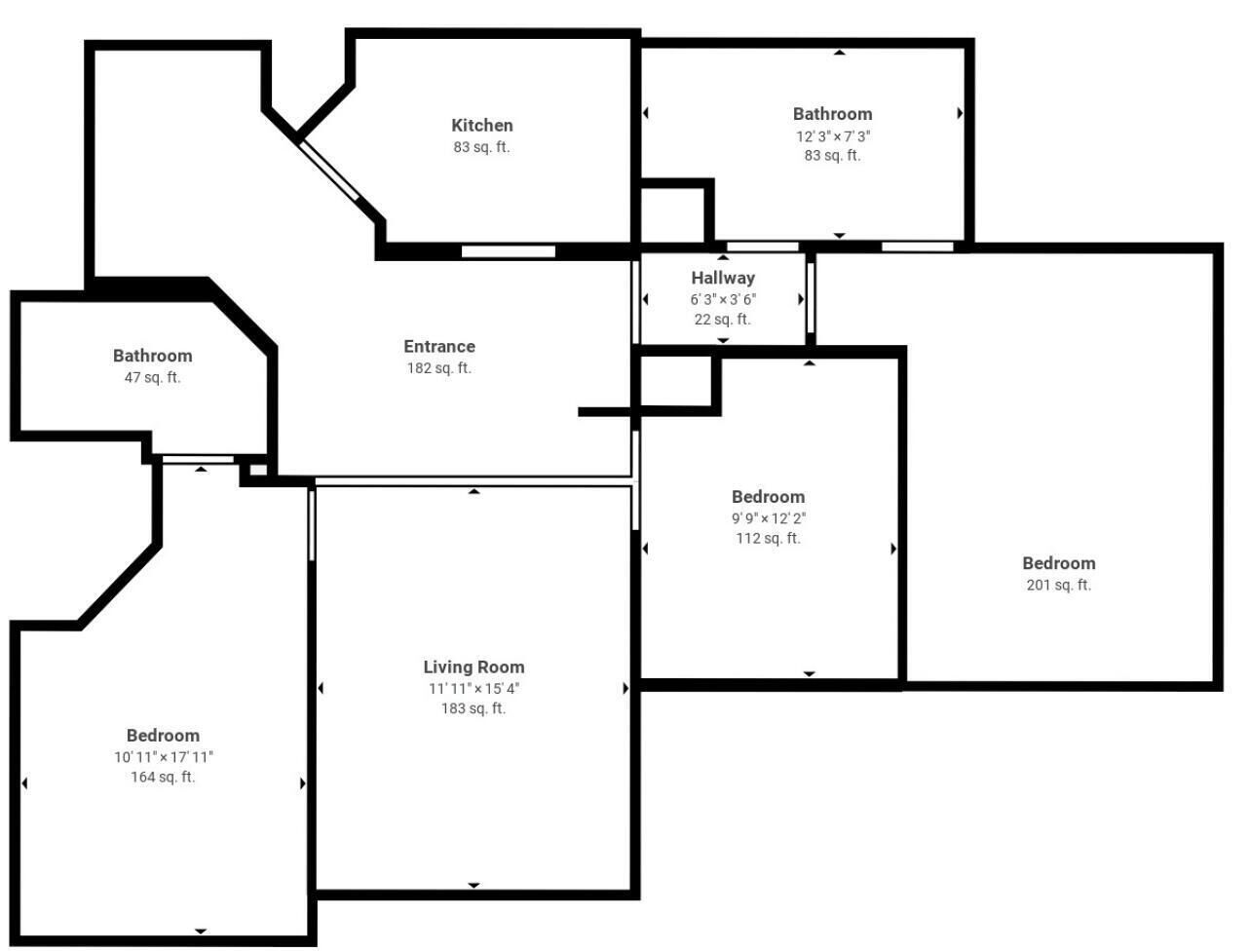 A floor plan with a kitchen, two bathrooms, an entrance, a hallway, two bedrooms, and a living room.