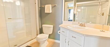 A bathroom with a glass-enclosed shower, a toilet, a sink, and a mirror.