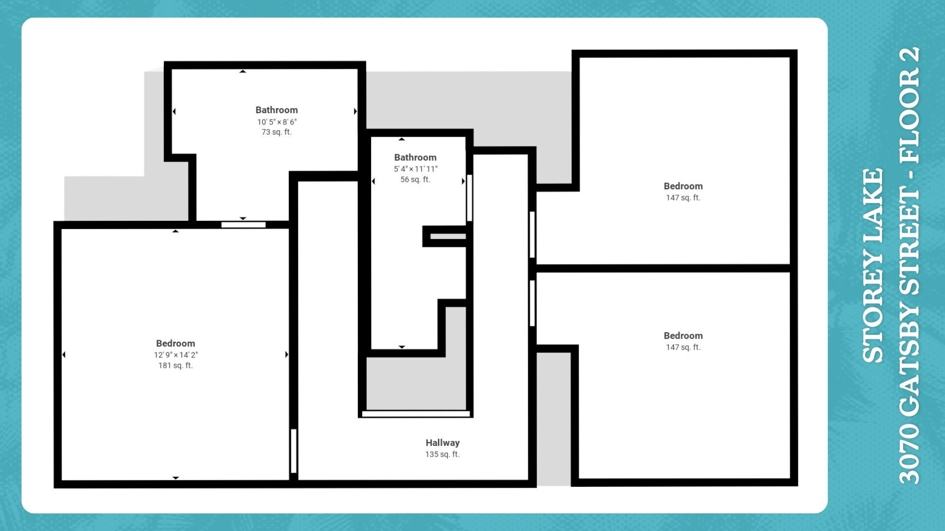 Plan d’étage d’une propriété située au 3070, rue Gatsby, comprenant deux chambres, deux salles de bain et un couloir.