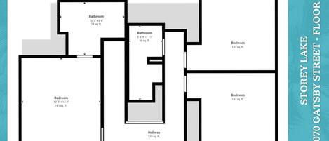 Plan d’étage d’une propriété située au 3070, rue Gatsby, comprenant deux chambres, deux salles de bain et un couloir.