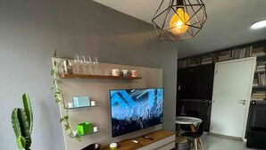 A modern living room with a flat-screen TV, wooden entertainment unit, and a cactus plant. - Lapa apartment swimming pool (Rio de Janeiro)