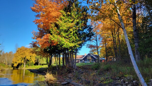A lakeside cabin with a stone pathway leading to the water, surrounded by autumn foliage.