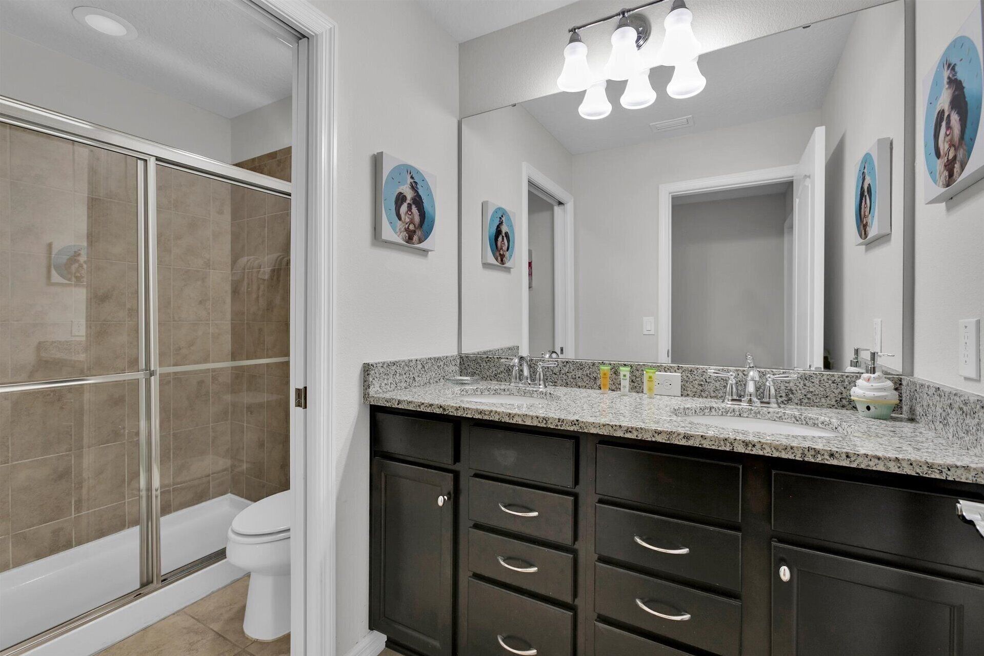 A modern bathroom with a glass shower enclosure, a white toilet, dark cabinets, and a granite countertop.