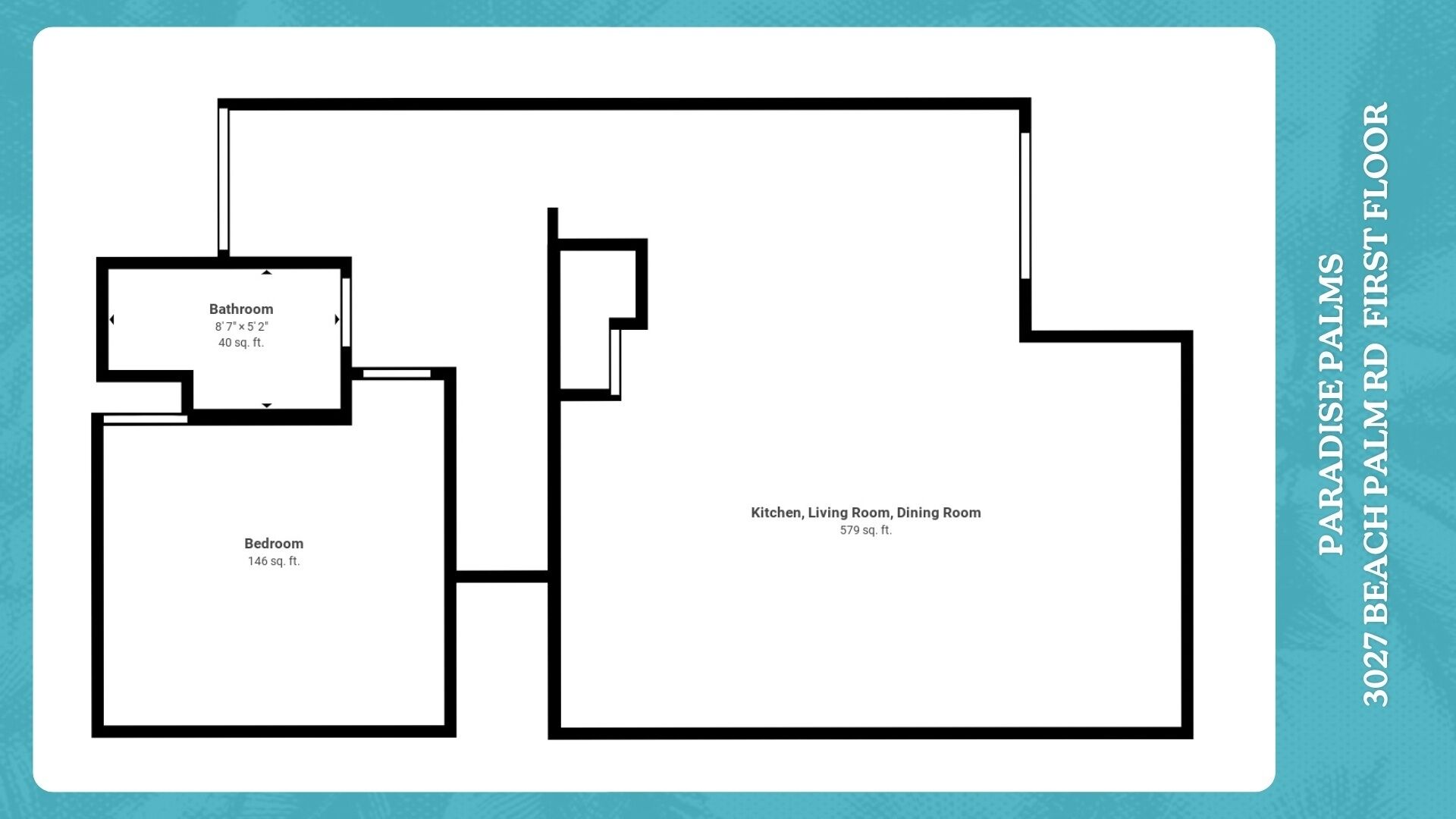 A floor plan of a property with a bathroom, bedroom, and a combined kitchen, living room, and dining room area.