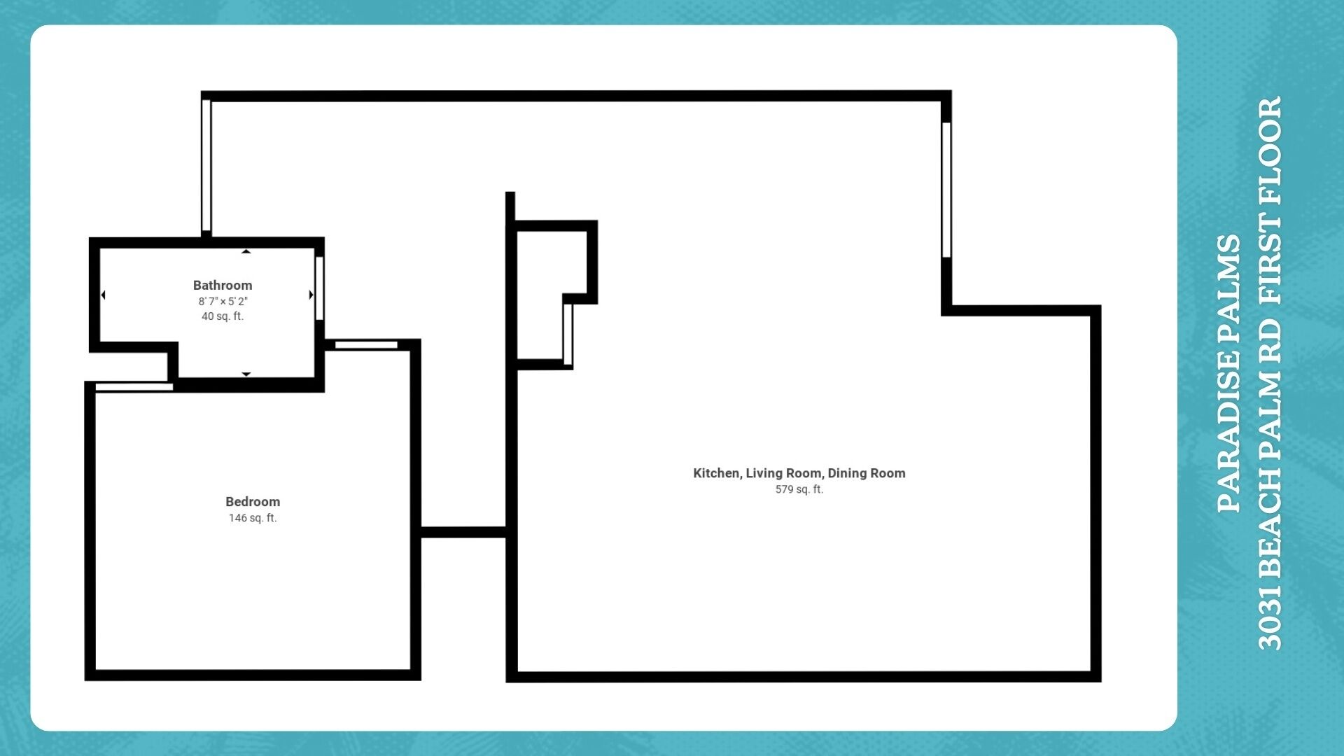 Plan d’étage d’une propriété située au 3031, chemin Beach Palm, comprenant une chambre, une salle de bain et un espace combinant cuisine, salon et salle à manger.
