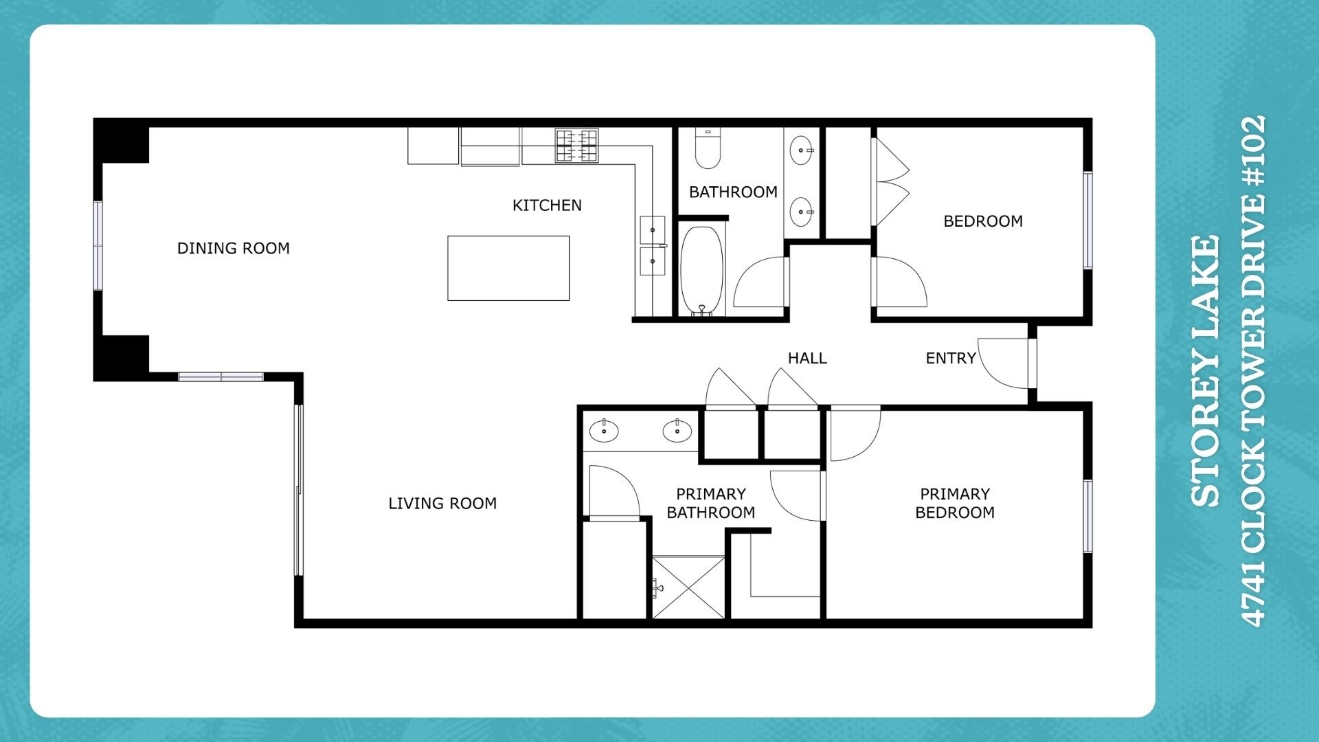 A floor plan of a hotel room layout including a dining room, kitchen, bathroom, living room, primary bathroom, primary bedroom, and hall.