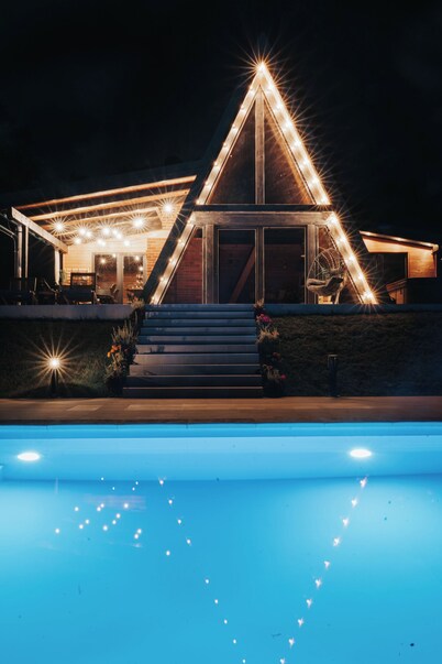 A-Frame Wellness Chalet • 2 Bedrooms • Sauna, Jacuzzi & Private Pool