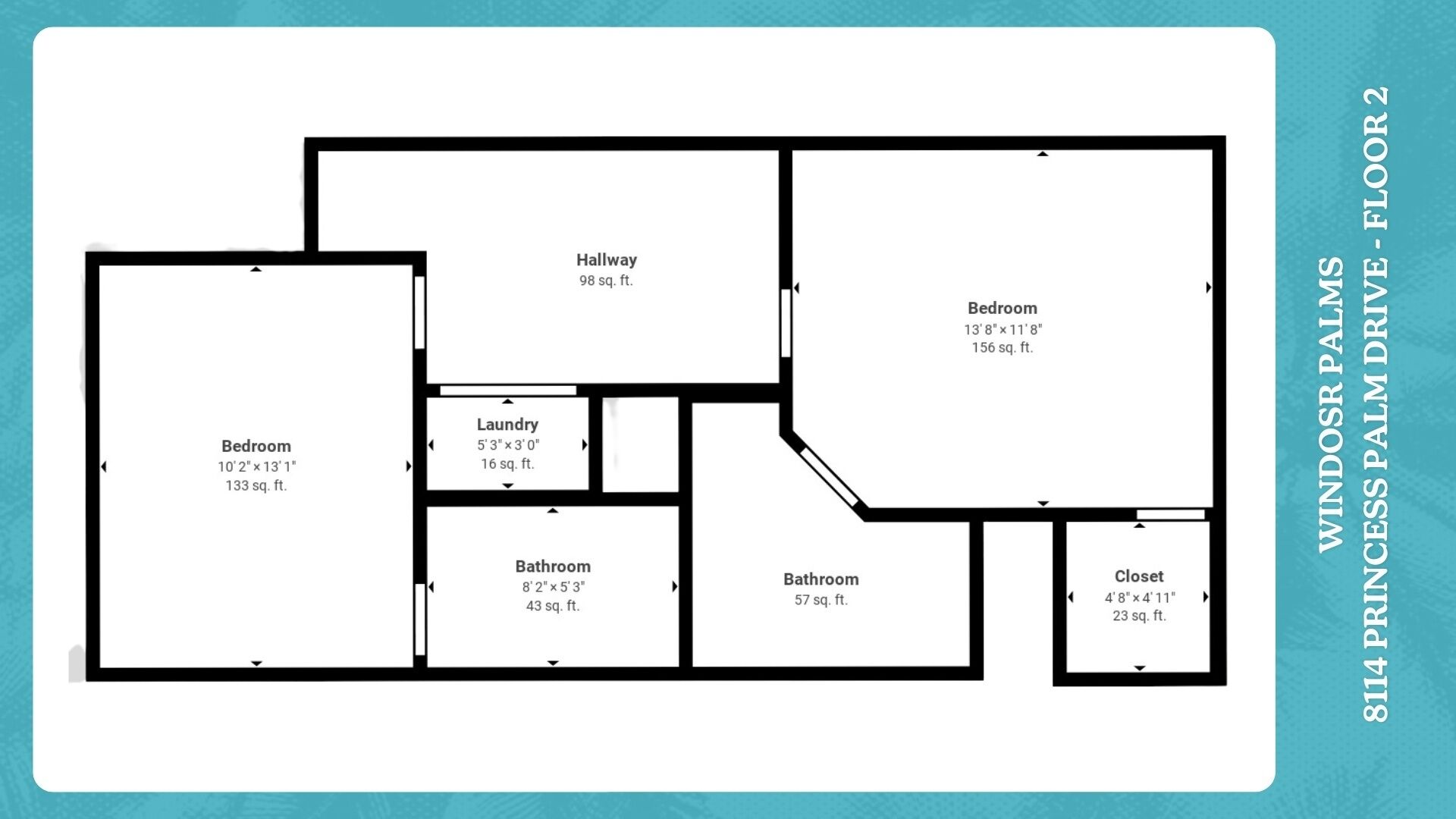 A floor plan of a 8114 Princess Palm Drive, 2nd floor, with two bedrooms, a hallway, a laundry area, two bathrooms, and a closet.