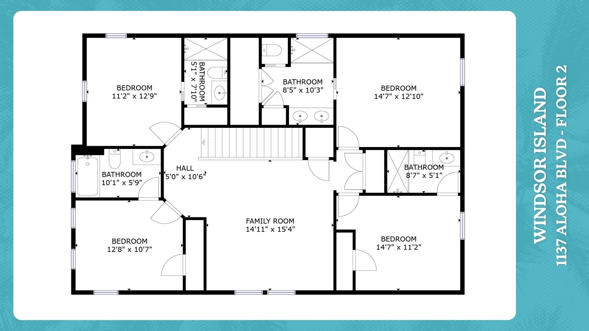 A floor plan of a house with two bedrooms, two bathrooms, a family room, and a hall.
