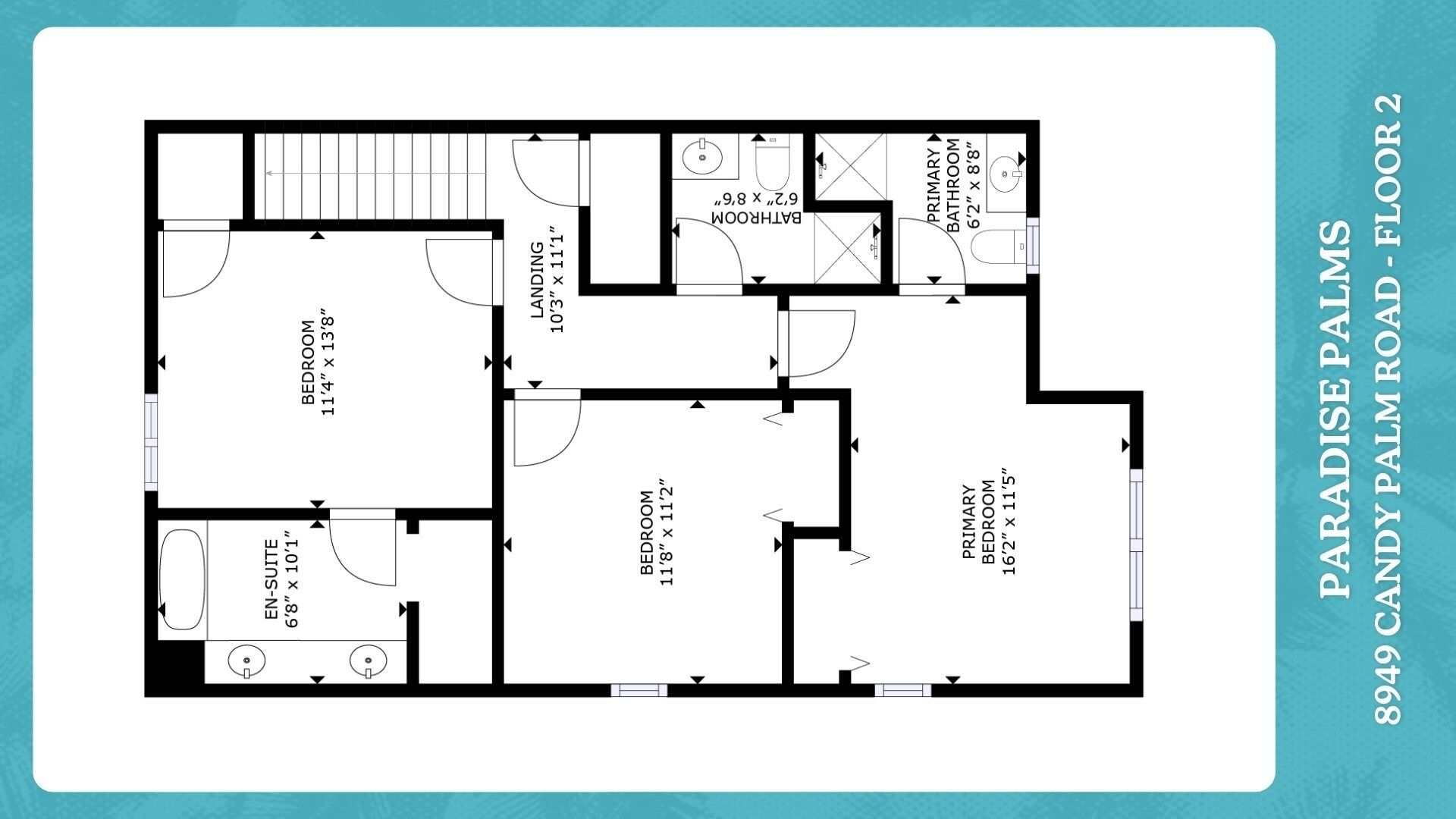 A floor plan of a property at 8949 Candy Palm Road, Paradise, Palm MS. It includes a bedroom measuring 11'8" x 11'2", a bathroom 6'2" x 8'8", a primary bedroom 16'2" x 11'5", and a primary bathroom 6'2" x 8'8".