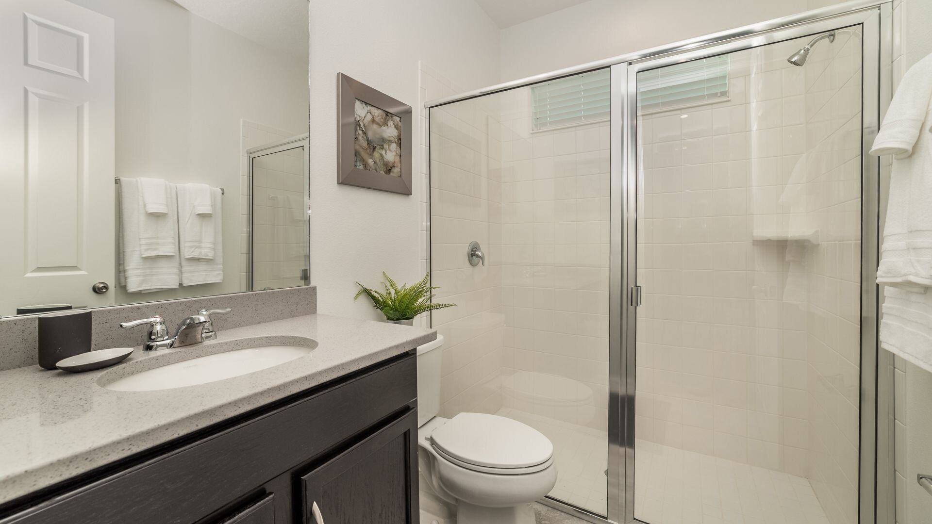 A modern bathroom with a glass shower enclosure, a white toilet, and a vanity with a sink and mirror.