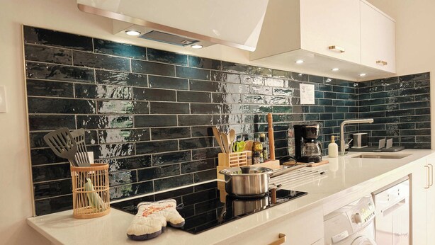 Une cuisine moderne avec un dosseret de carreaux noirs, des meubles blancs et un lave-vaisselle encastré.