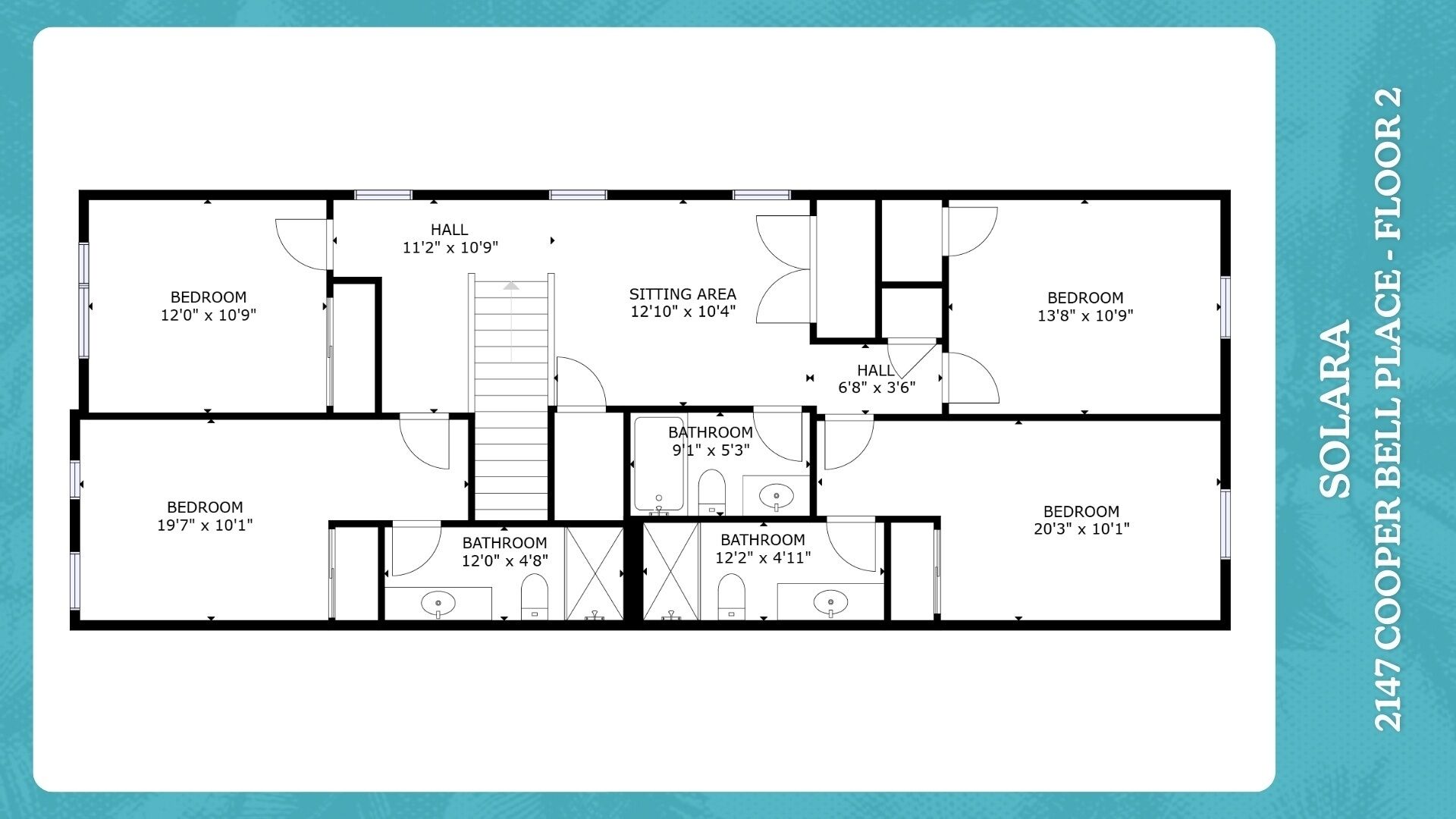 A floor plan of a hotel with multiple bedrooms, a sitting area, and a hall.