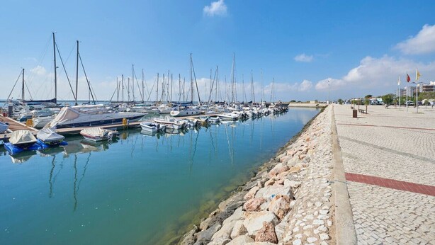 Een jachthaven met vele zeilboten afgemeerd langs een rustig water, een stenen looppad aan de waterkant en een helderblauwe lucht.