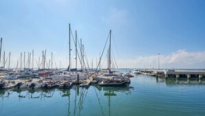 Un puerto deportivo con varios veleros amarrados al muelle.